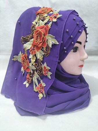 Pearl Floral Ready to Wear with 3D Flower Bunch - Eggplant