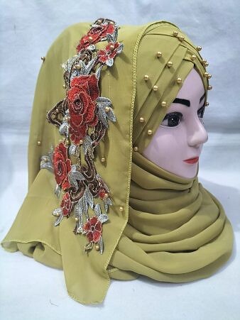 Pearl Floral Ready to Wear with 3D Flower Bunch - Olive Green Pearl Floral Ready to Wear with 3D Flower Bunch - Olive Green