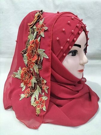 Pearl Floral Ready to Wear with 3D Flower Bunch - Red