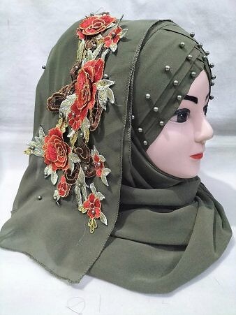Pearl Floral Ready to Wear with 3D Flower Bunch - Sage Green