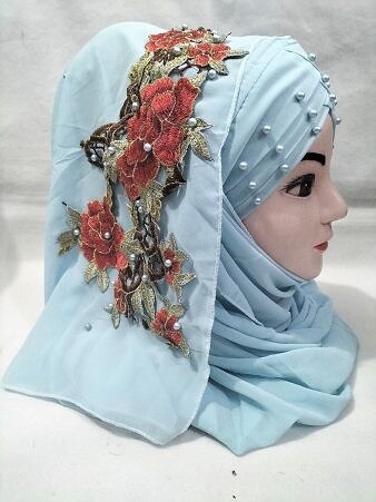Pearl Floral Ready to Wear with 3D Flower Bunch - Sky Blue