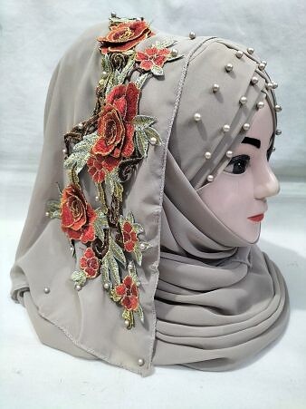 Pearl Floral Ready to Wear with 3D Flower Bunch - Slate Grey Pearl Floral Ready to Wear with 3D Flower Bunch - Slate Grey