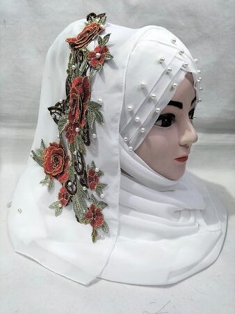 Pearl Floral Ready to Wear with 3D Flower Bunch - White Pearl Floral Ready to Wear with 3D Flower Bunch - White