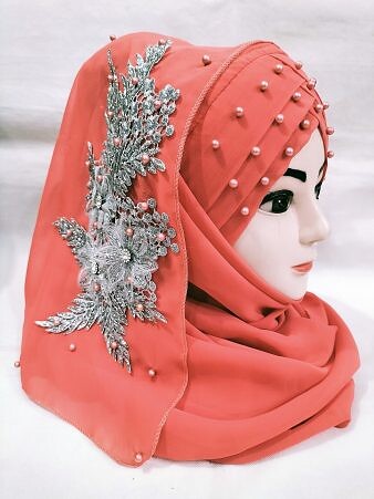 Pearl Floral Ready to Wear with Silver Bunch - Orange Pearl Floral Ready to Wear with Silver Bunch - Orange