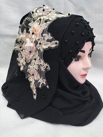 Pearl Floral Ready to Wear with 3D Fancy Flower Bunch - Black Design 10
