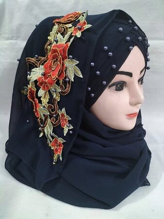 Pearl Floral Ready to Wear with 3D Flower Bunch - Navy Blue