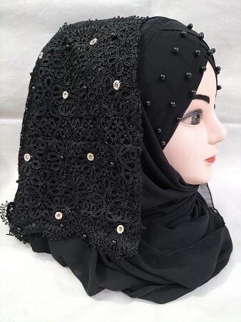 Pearl Floral Ready to Wear with Lace Edge - Black