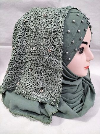 Pearl Floral Ready to Wear with Lace Edge - Fern Green Pearl Floral Ready to Wear with Lace Edge - Fern Green