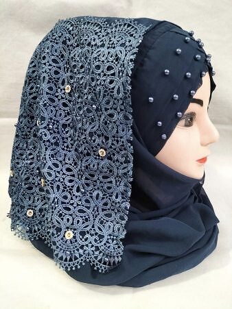 Pearl Floral Ready to Wear with Lace Edge - Navy Blue Pearl Floral Ready to Wear with Lace Edge - Navy Blue