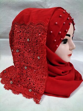 Pearl Floral Ready to Wear with Lace Edge - Red