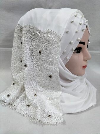 Pearl Floral Ready to Wear with Lace Edge - White