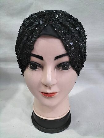 Kashmiri Tie Back Bonnet with Sitare - Black