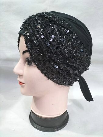 Kashmiri Tie Back Bonnet with Sitare - Black