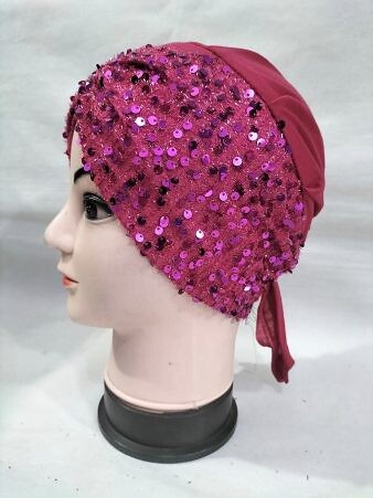 Kashmiri Tie Back Bonnet with Sitare - Deep Pink Kashmiri Tie Back Bonnet with Sitare - Deep Pink