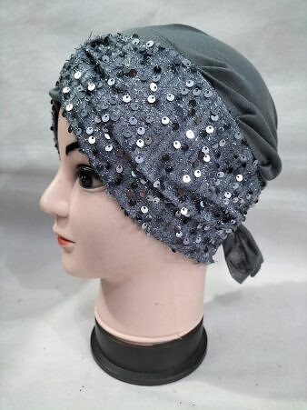 Kashmiri Tie Back Bonnet with Sitare - Grey