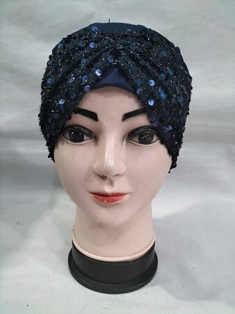 Kashmiri Tie Back Bonnet with Sitare - Navy Blue