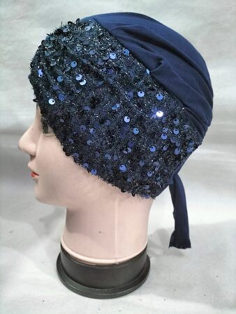 Kashmiri Tie Back Bonnet with Sitare - Navy Blue