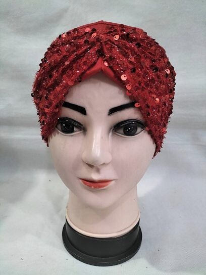 Kashmiri Tie Back Bonnet with Sitare - Red