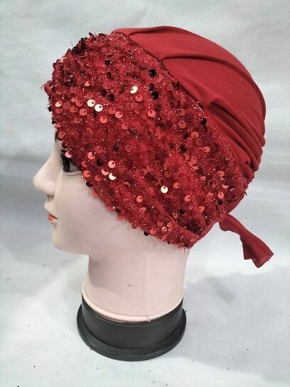 Kashmiri Tie Back Bonnet with Sitare - Red
