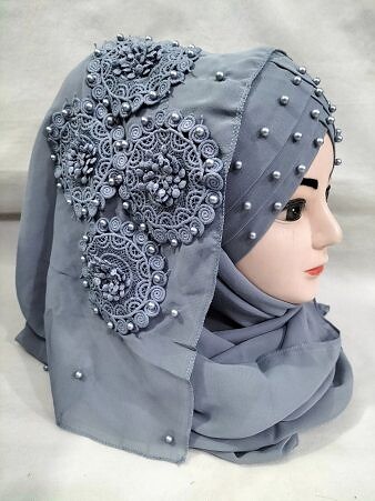 Pearl Ready to Wear with Matching 3D Bunch - Design 2 - Grey