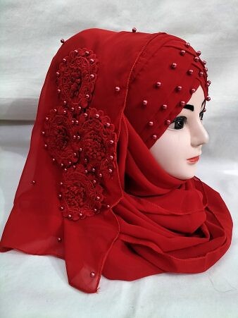 Pearl Ready to Wear with Matching 3D Bunch - Design 2 - Red Pearl Ready to Wear with Matching 3D Bunch - Design 2 - Red