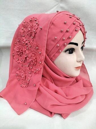 Pearl Ready to Wear with Matching 3D Bunch - Design 2 - Coral Pink