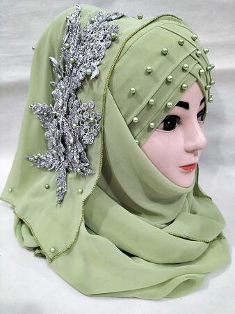 Pearl Floral Ready to Wear with Silver Bunch - Light Olive Green