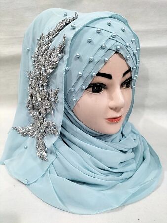 Pearl Floral Ready to Wear with Silver Bunch - Sky Blue