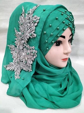 Pearl Floral Ready to Wear with Silver Bunch - Turquoise