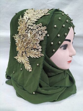Pearl Ready to Wear with Golden Bunch - Design 2 - Dark Olive Green Mehndi Color