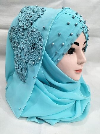 Pearl Ready to Wear with Matching 3D Bunch - Design 2 - Sky Blue