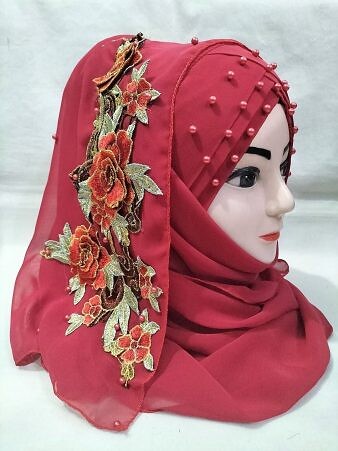 Pearl Floral Ready to Wear with 3D Flower Bunch - Coral Red