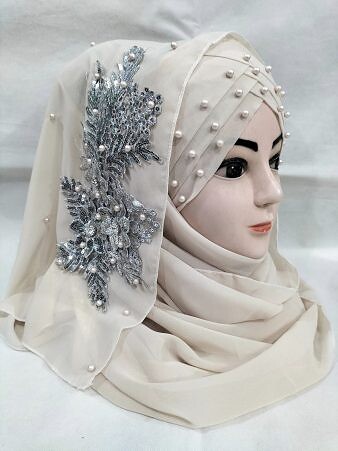 Pearl Floral Ready to Wear with Silver Bunch - Design 2 - Beige