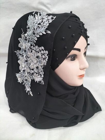 Pearl Floral Ready to Wear with Silver Bunch - Design 2 - Black