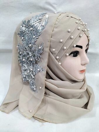 Pearl Floral Ready to Wear with Silver Bunch - Design 2 - Coffee