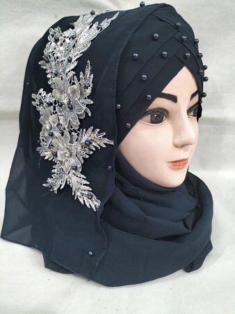 Pearl Floral Ready to Wear with Silver Bunch - Design 2 - Dark Navy Blue
