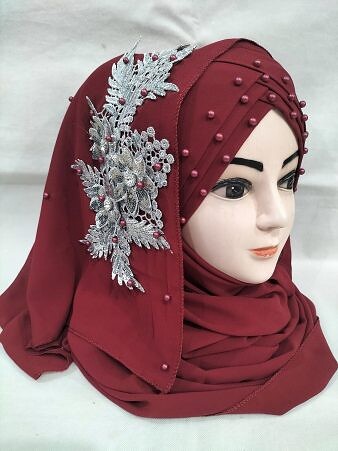 Pearl Floral Ready to Wear with Silver Bunch - Design 2 - Maroon