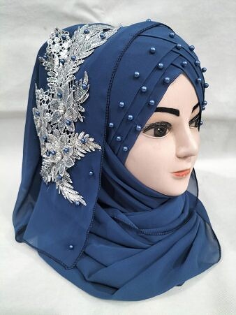 Pearl Floral Ready to Wear with Silver Bunch - Design 2 - Navy Blue