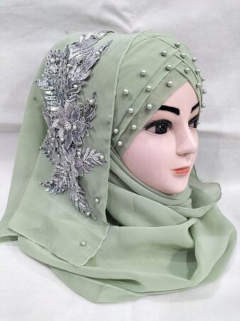 Pearl Floral Ready to Wear with Silver Bunch - Design 2 - Pista Green