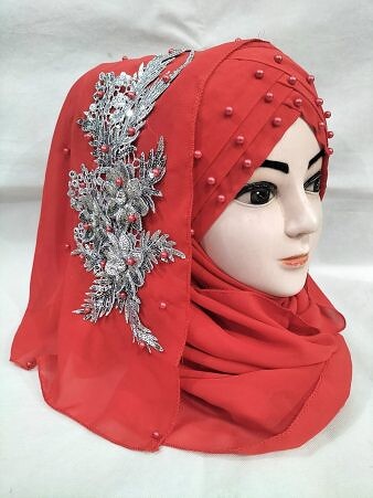 Pearl Floral Ready to Wear with Silver Bunch - Design 2 - Red