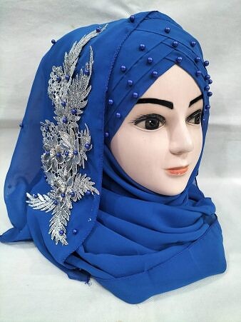 Pearl Floral Ready to Wear with Silver Bunch - Design 2 - Royal Blue