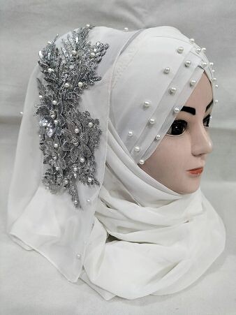 Pearl Floral Ready to Wear with Silver Bunch - Design 2 - White