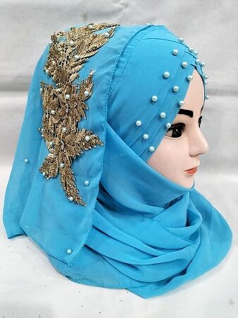 Pearl Ready to Wear with Golden Bunch - Cyan Blue Pearl Ready to Wear with Golden Bunch - Cyan Blue