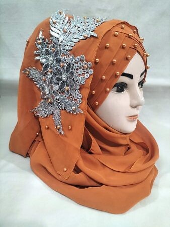 Pearl Floral Ready to Wear with Silver Bunch - Design 2 - Caramel Brown