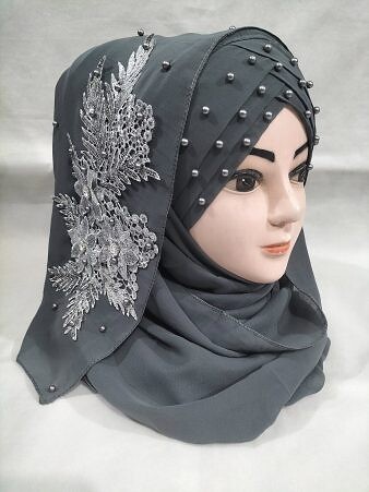 Pearl Floral Ready to Wear with Silver Bunch - Design 2 - Dark Grey