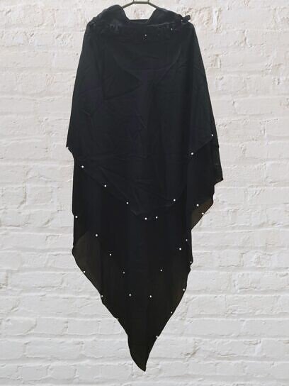 Three Layer Khimar with Niqab - Black with Crown and Pearls